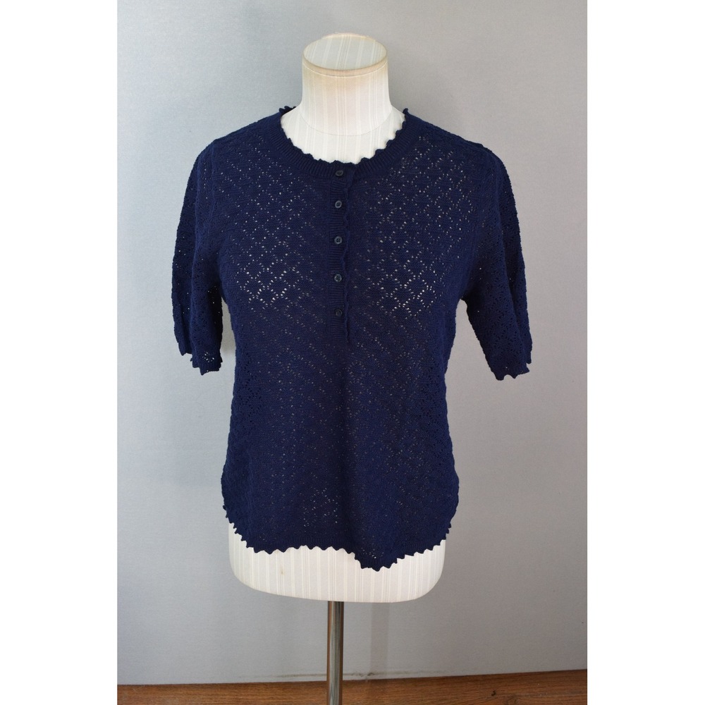 Gap Pointelle Henley Top Small Navy Linen Blend Scalloped Sweater 2025